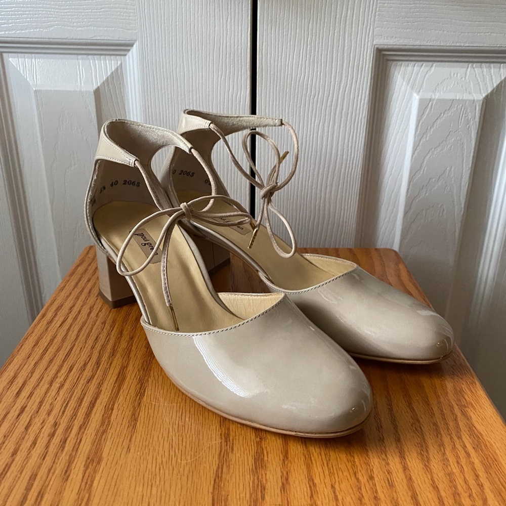 Paul Green Beige Patent Ankle-Tie Block Heels